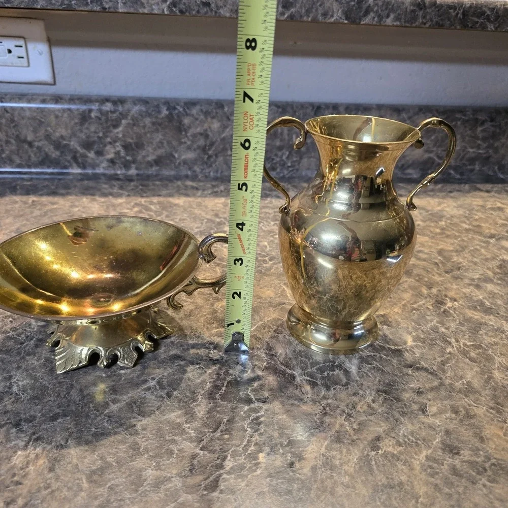 Vintage Hampton Brass 2-Piece Set Vase & Compote Bowl India Ornate Handles Decor